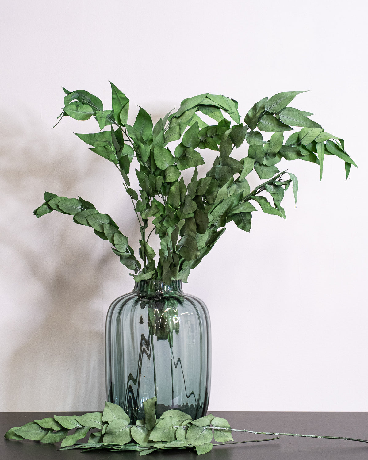 Konservierter Eucalyptus Willow mit grünen Blättern in einer grün getönten Glasvase, ein Zweig liegt auf dem Tisch