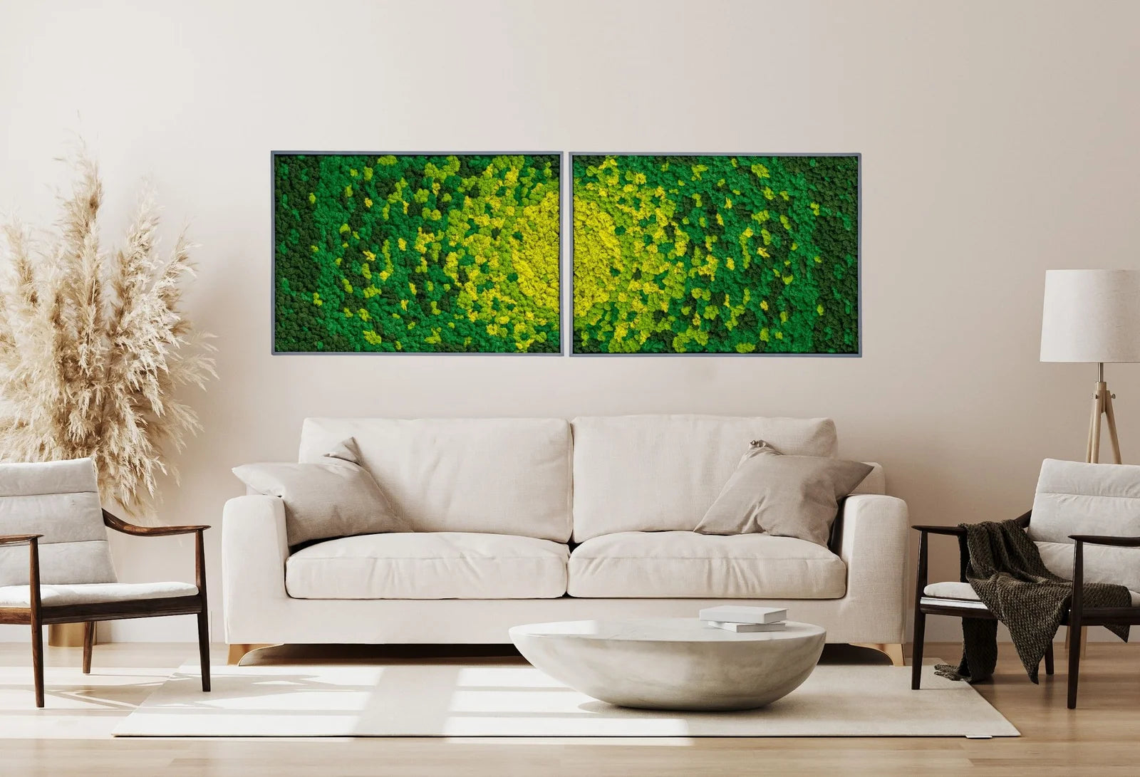 Kvadratisk mosstavla Vortex som grön väggdekoration för inomhusmiljö – 50×50 cm