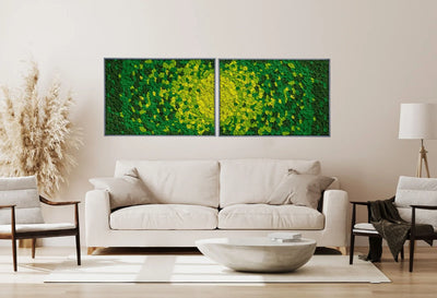 Kvadratisk mosstavla Vortex som grön väggdekoration för inomhusmiljö – 50×50 cm